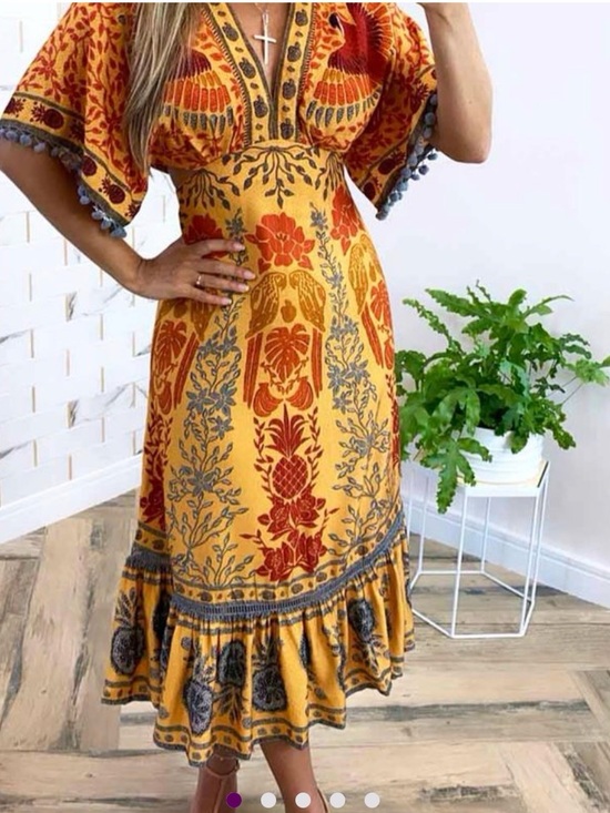 FARM Rio Dresses & Skirts - Farm rio sz m Boho Floral Print Midi Dress in Mustard gold details